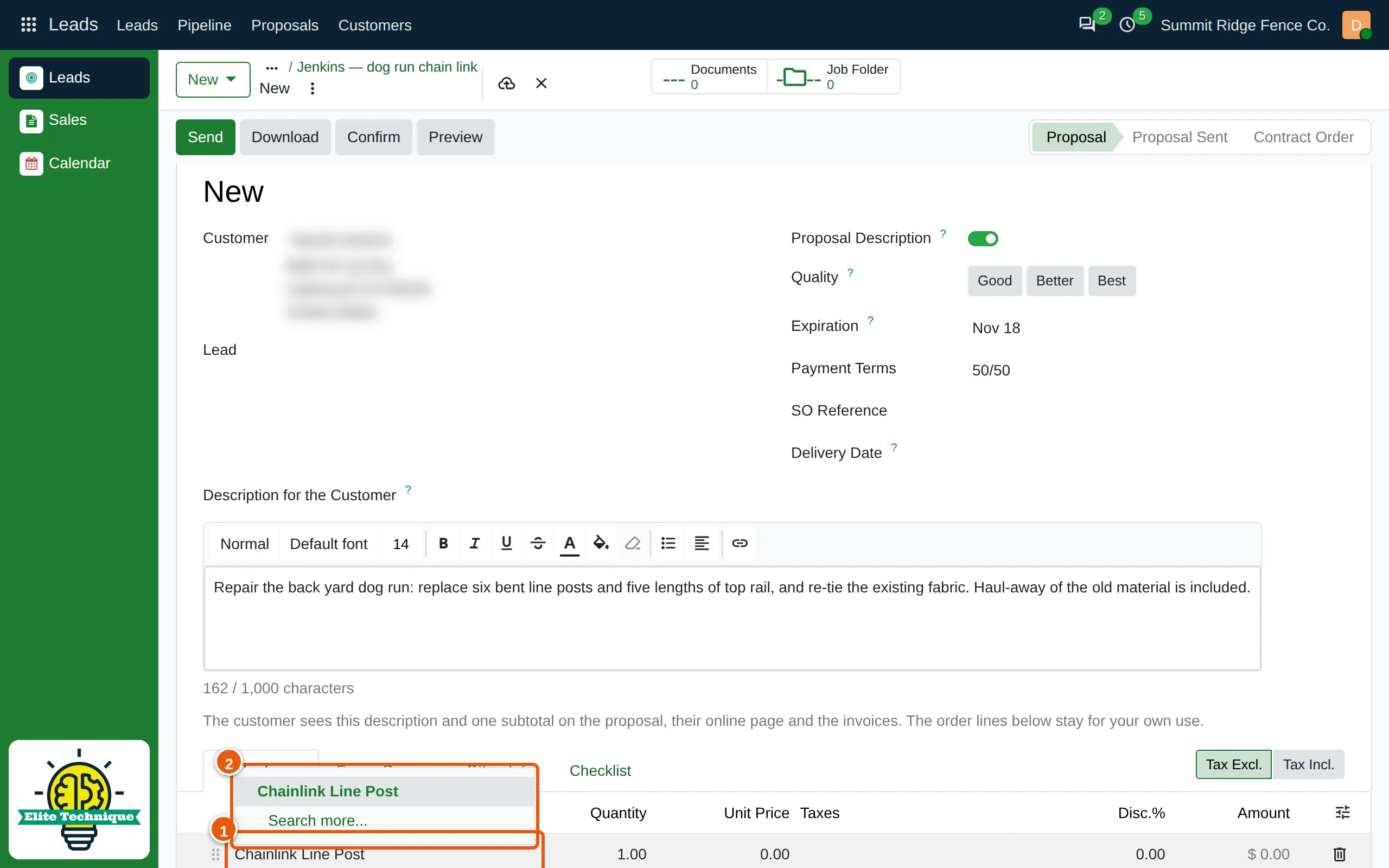A new line on the Order Lines tab, with an item’s name typed and the matching item offered in the list below.