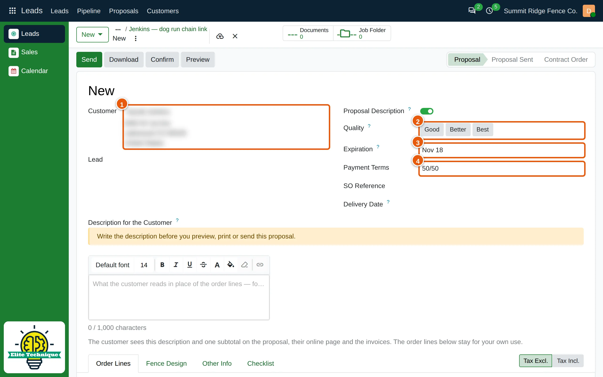 A new proposal, with the customer, Quality, Expiration and Payment Terms marked.