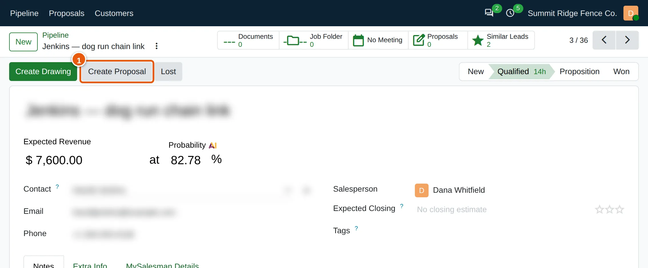 An opportunity, with the Create Proposal button marked in its header.