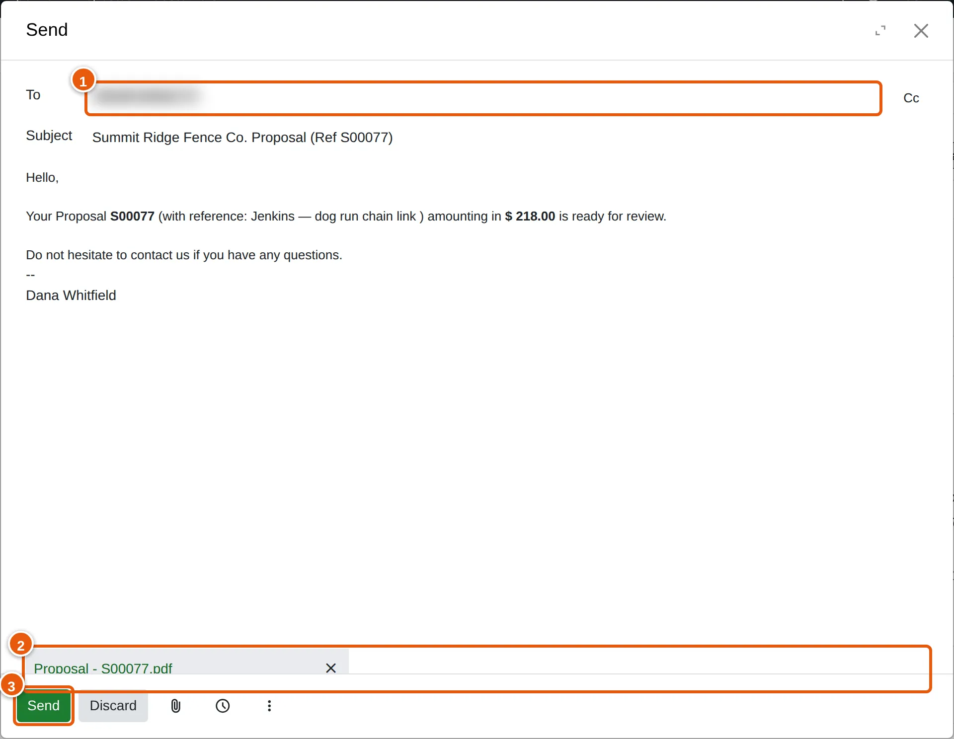 The Send window, with the recipient, the attached proposal PDF and the Send button marked.
